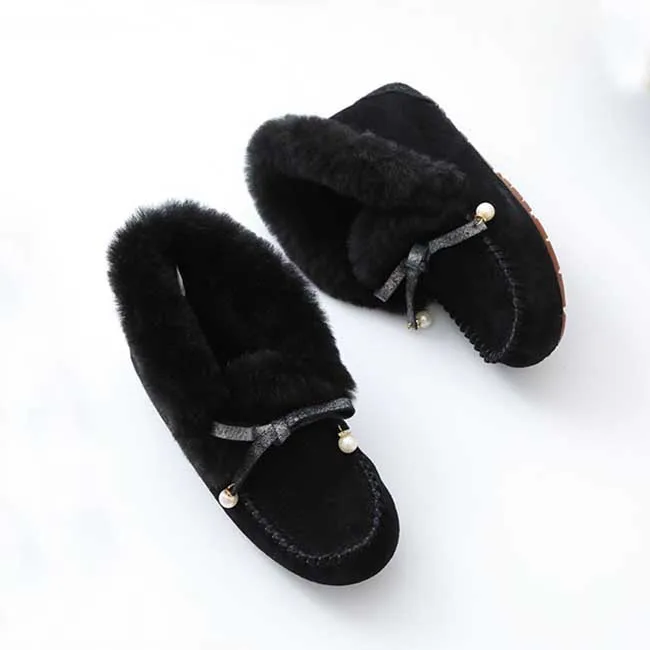 Natural Fur Women Flats Casual Moccasins Comfortable Loafers Genuine Leather Women Shoes Fashion Driving Shoes Woman - Цвет: BLACK
