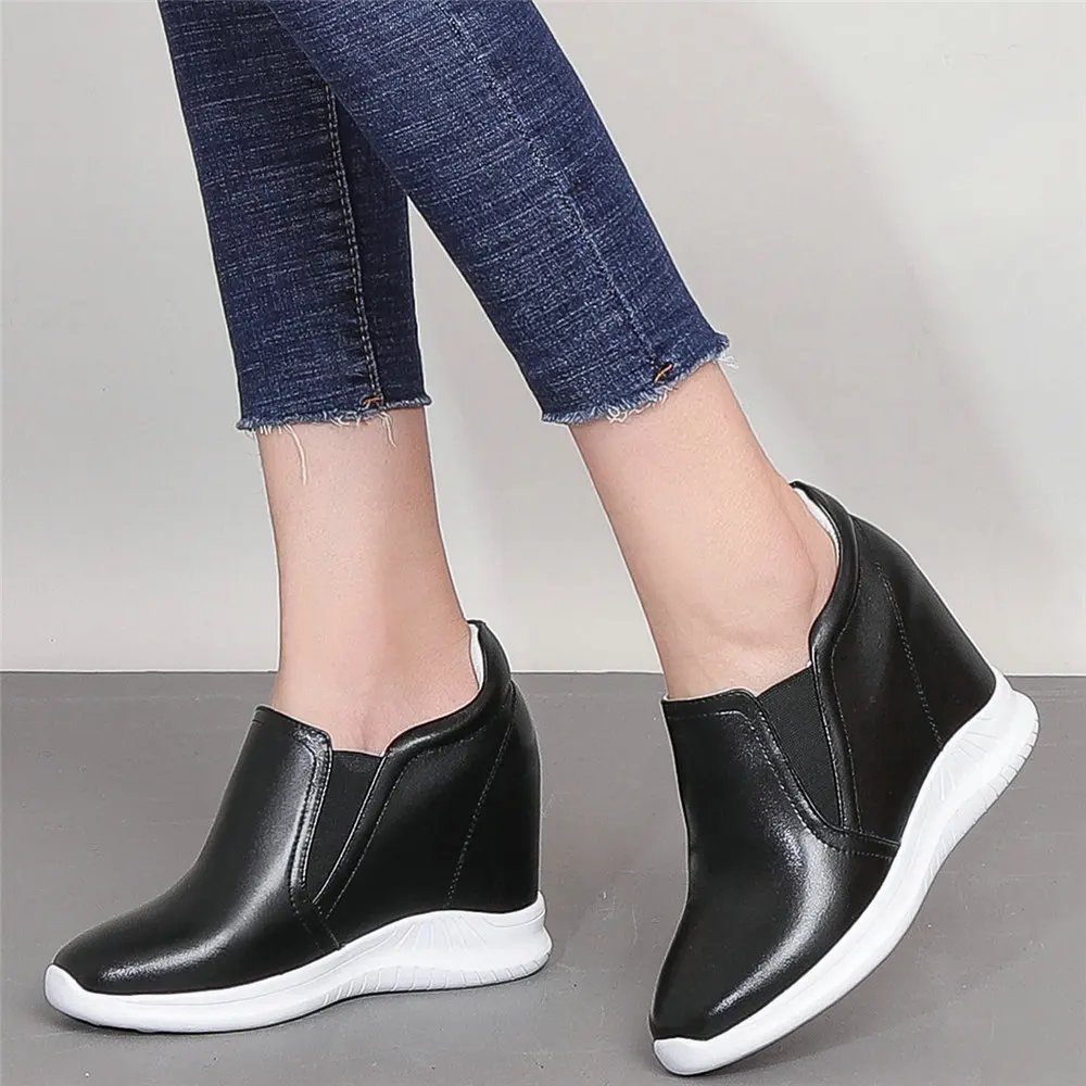 

2023 Fashion Sneakers Women Slip On Genuine Leather Wedges High Heel Ankle Boots Female Round Toe Platform Pumps Casual Shoes