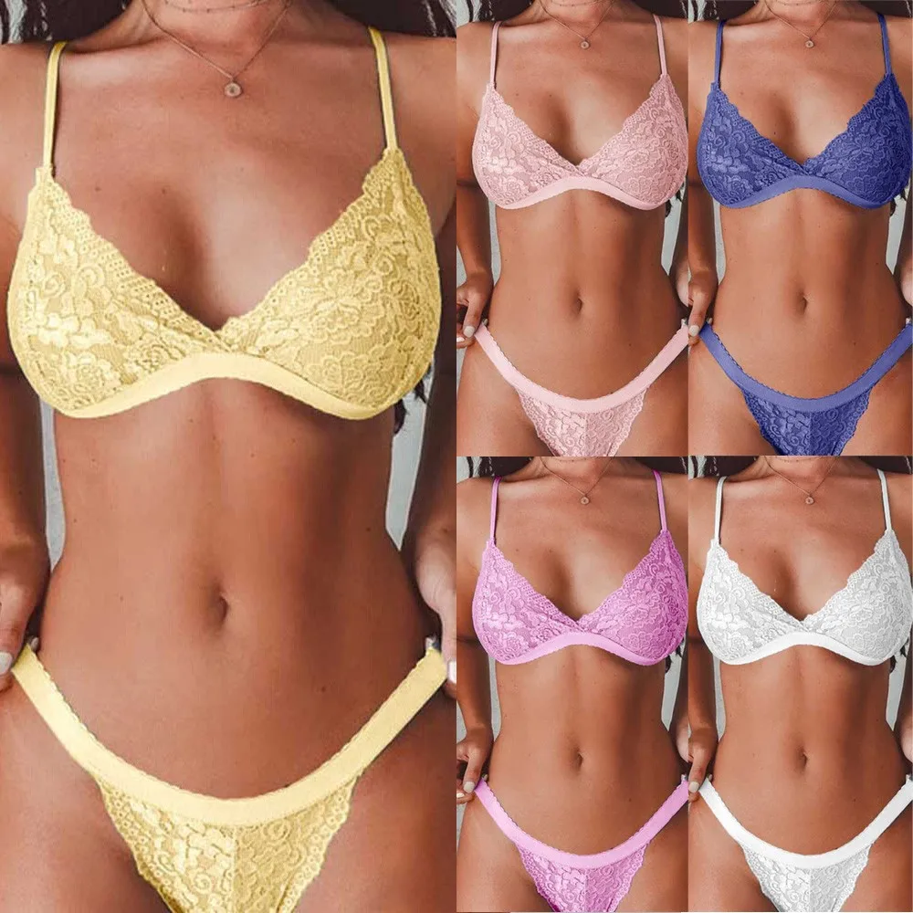 

Women Sexy Lace Push Up Bra Bralet Lingerie Thong Underwear Sleepwear Set Tops Low Waist G-String Underwear Set Soft Active Wear