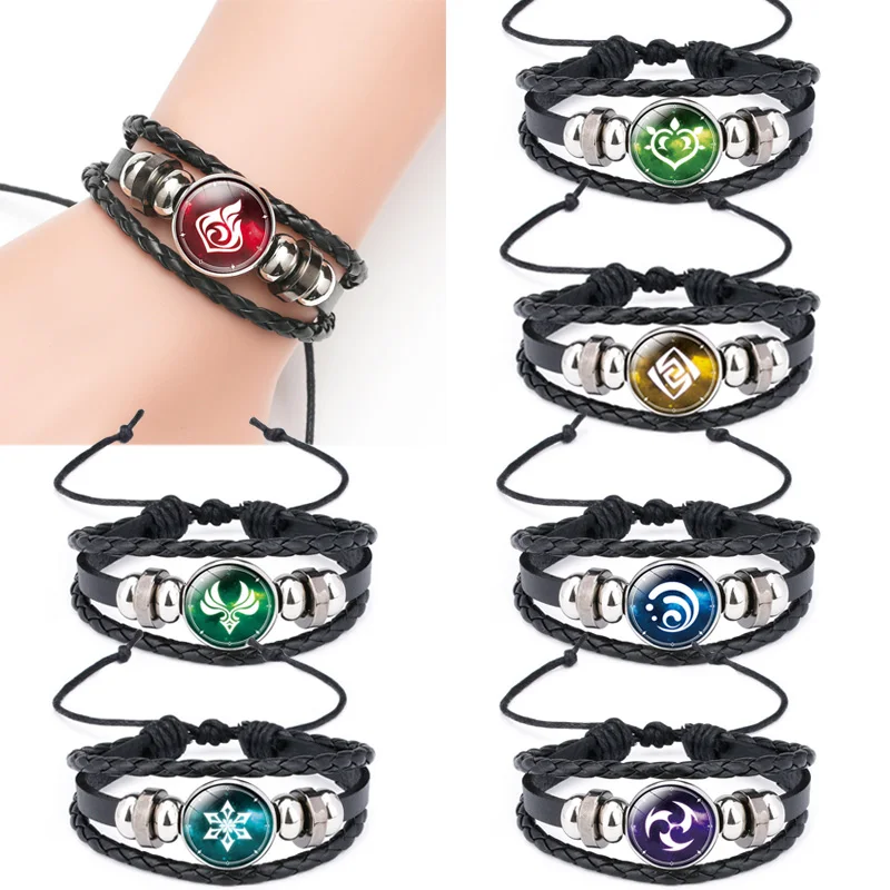 

Luminous Genshin Impact Leather Bracelet Eye of God Water Wind Thunder Fire Rock Ice Element Snap Button Bracelets Jewelry Gift
