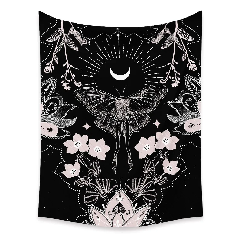 Гобелен с черно-белым принтом Луны бабочки цветов настенный подвесной богемный