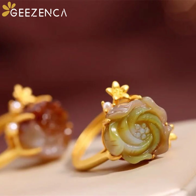 

S925 Silver Natural Agate Gold Plated Resizable Rings For Women San Valentine Day Gifts Rose Flower Trendy Ring Fine Jewelry