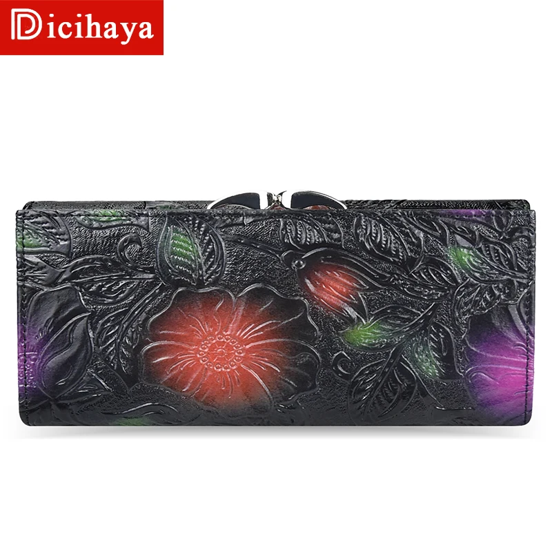 dicihaya new arrive ladies wallets leather women long purse flower embossing female hasp wallet money cards purse phone bag free global shipping