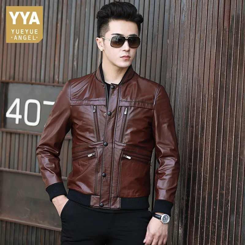 

Top Brand High Quality Mens Genuine Leather Cowhide Jackets Fashion Korean Casual Stand Collar Zipper Pockets Coats Plus Size