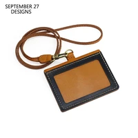 new fashion id office badge holder for work vegetable tanned leather luxury top end identity card holders neck lanyard tag
