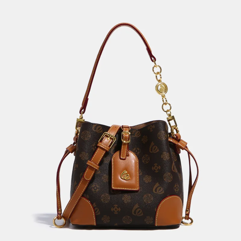 

Vintage Geometric Prints Bucket Bags for Women 2021 New Luxury Handbags All Match Boutique Split Leather Dating Purses Sac Luxe