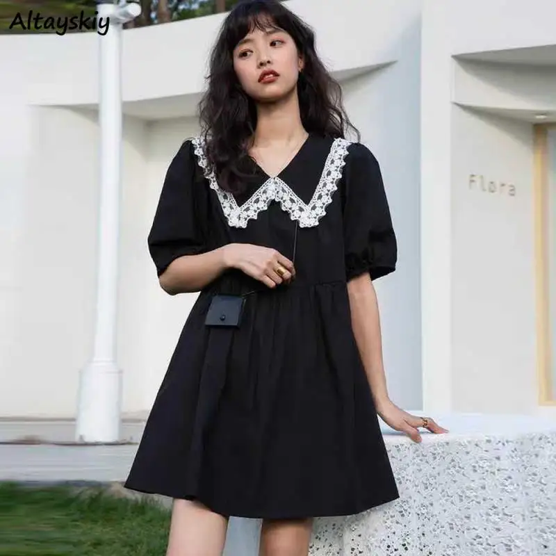 Женское платье с коротким рукавом винтажное кружевное лоскутное в стиле преппи