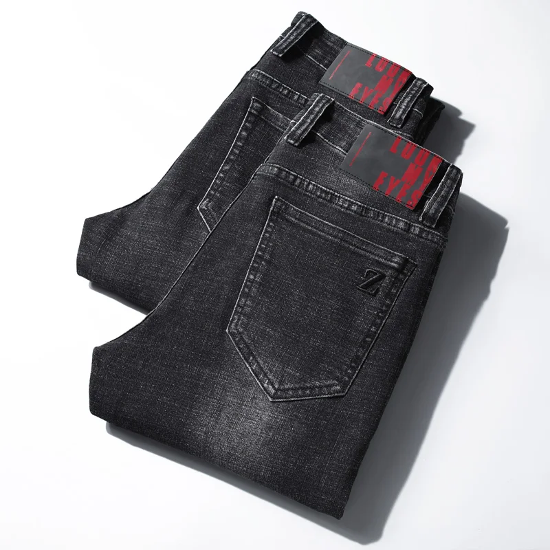 

Classic Style Men's Grey Black Slim-fit Jeans 2021 Autumn and Winter New Business Fashion Denim Pants Cotton Brand Trousers Male