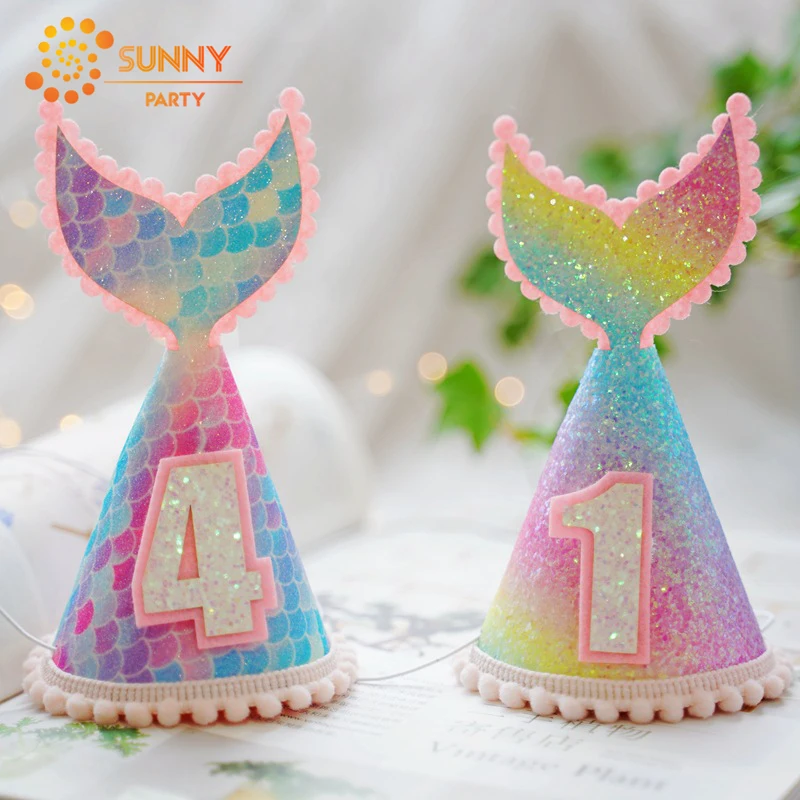 Child Colorful Mermaid Tail Party Hat Glitter Fish Scale Birthday Caps Princess Crown Hats Baby 1st Decoration Supplies | Дом и сад