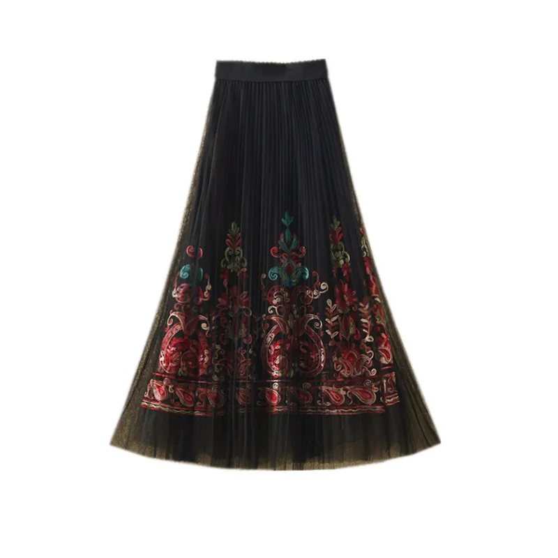 

winter 2019 new lace embroidered mesh puffed skirt embroidered pleated skirt half skirt medium length yarn skirt female