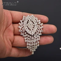 junao 45x75mm silver glass rhinestones applique sewing claw strass flowers sew on beaded patch for wedding dress