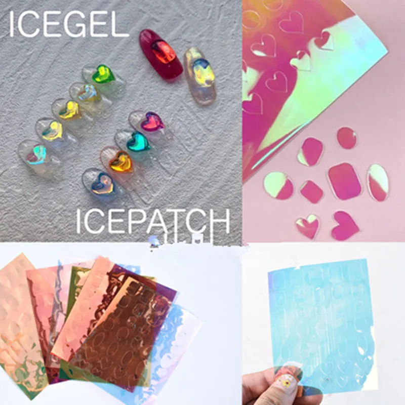 1Sheet New Aurora Heart Candy Paper Nail Art Stickers Drop Design Ice Cube Cellophane Laser Glass Foils Decals Nails Accessories