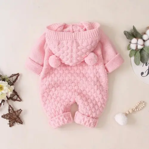

Autumn Baby Girls Knitted Hooded Clothes Cotton Spring Infant Kids 3D Ear Romper Long Sleeve Bodysuits Sunsuits Outfits 0-24M