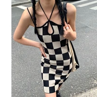 sexy knitted plaid mini dress women vintage spaghetti strap backless club party dresses streetwear summer hollow out short dress