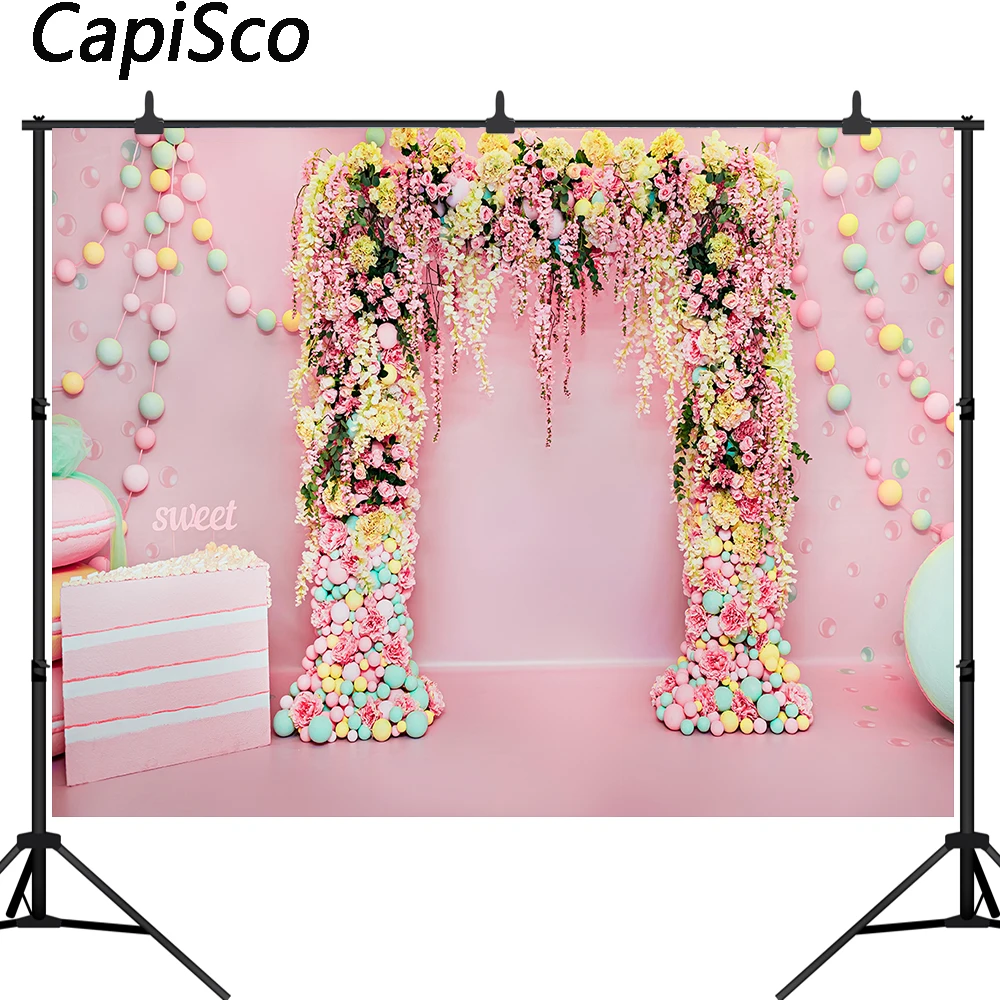 Милый фон для фотосъемки 16 дней рождения вечеринки розовые торты Цветы шары