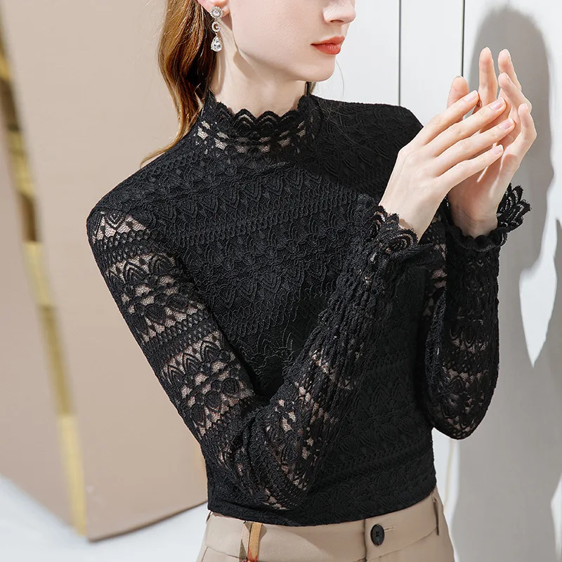 

Half high collar lace top women's long sleeve T-shirt in autumn and winter 2020