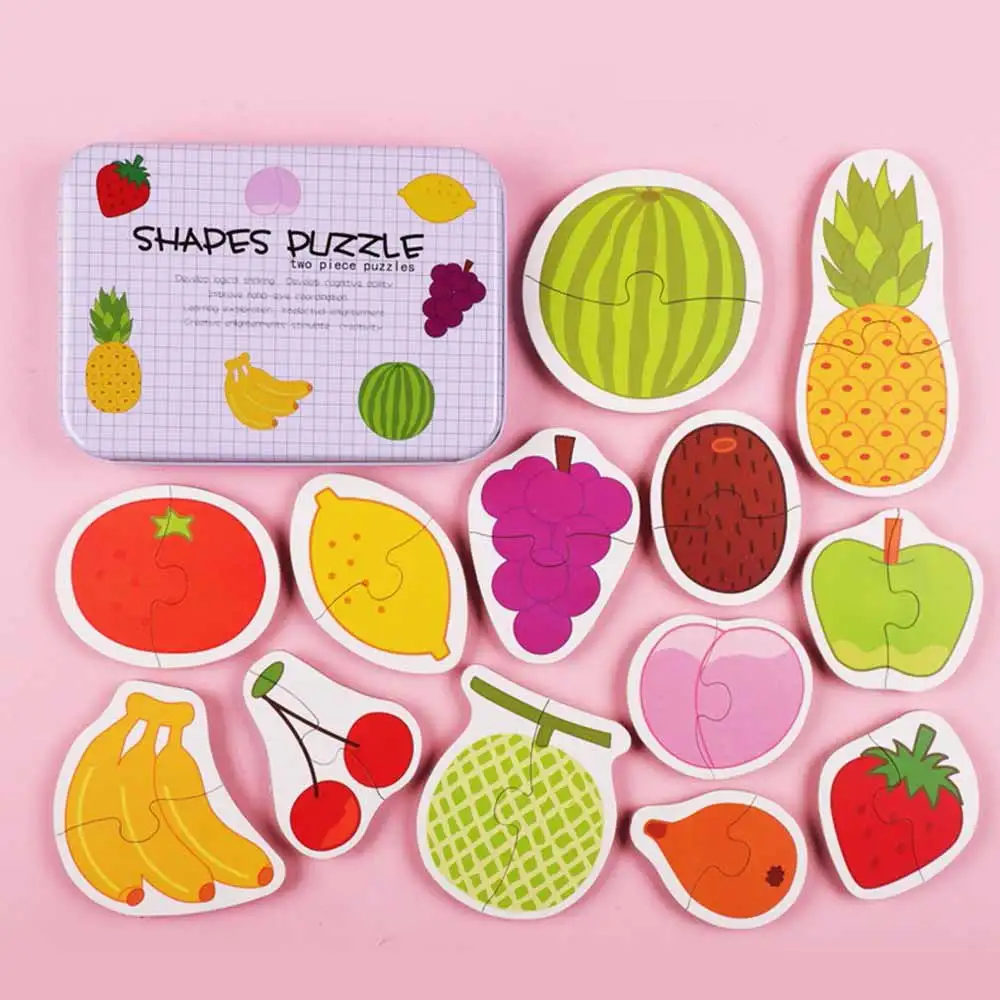 fruits model Деревянные игрушки головоломка для детей 3 лет с железной коробкой животные/овощи/фрукты/дорожные насекомые/птицы Развивающие детские игры - Цвет: fruits model
