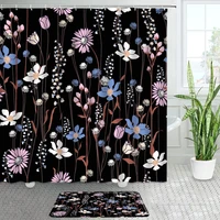 plants floral shower curtains bath mats set white pink flowers black backdrop decor bathroom curtain door pad flannel floor mat