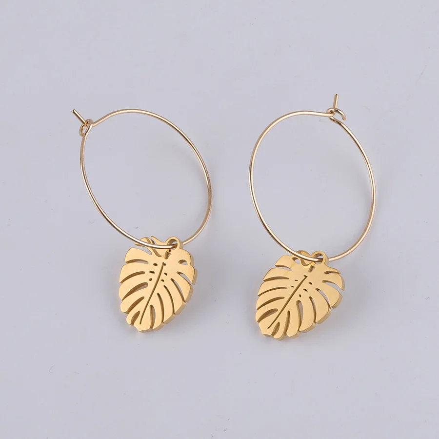 Золотые серьги из нержавеющей стали с листьями пальмы Простые Модные полыми для
