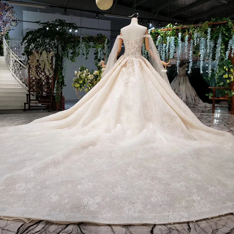 HTL906 Covered Beads Sequined Wedding Dress 2020 Short Sleeve V-Neck Off The Shoulder Ball Gowns Big Train