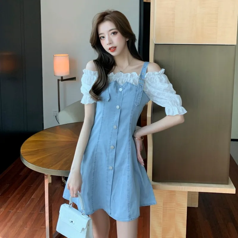 

New Summer Women Off Shoulder Halter Denim Dress Patchwork Puff Short Sleeve Dresses Robe For Sweet Femme Mini Vestidos 2021
