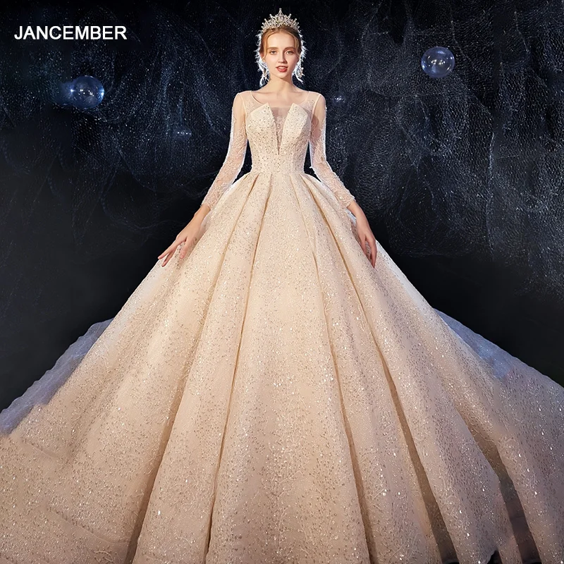 HTL481 Роскошные свадебные платья с королевским шлейфом круглым вырезом длинными