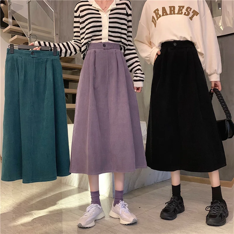 

Новые вельветовые юбки в Корейском стиле, модные женские винтажные Элегантные повседневные удобные простые шикарные юбки с высокой талией,...