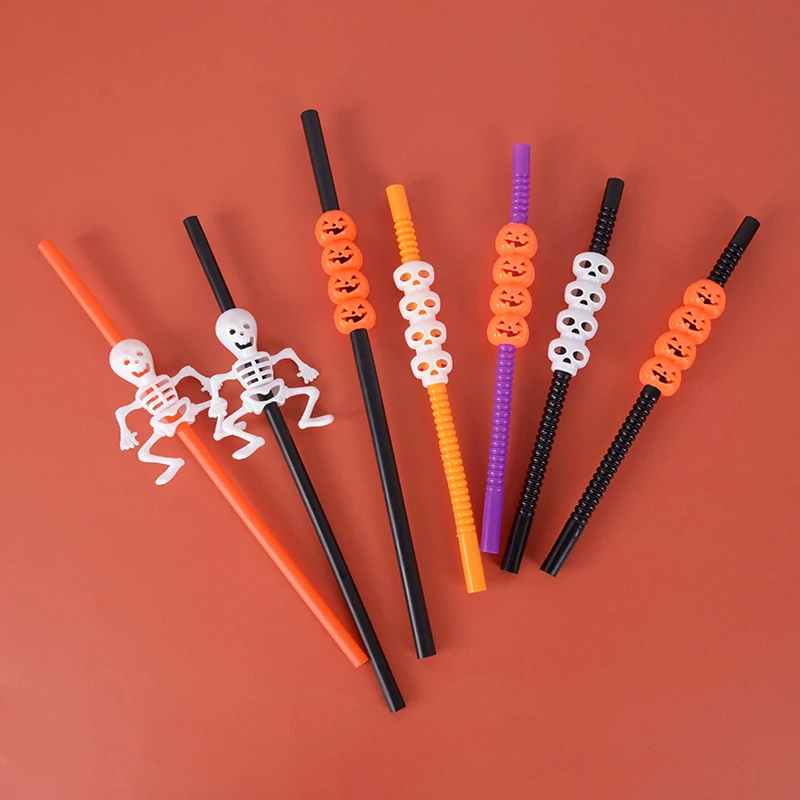 

5pcs Skeleton Skull Pumpkin Plastic Straws Halloween Party Decoration Cocktail Juice Drinking Straw Bar Event Party Supplies