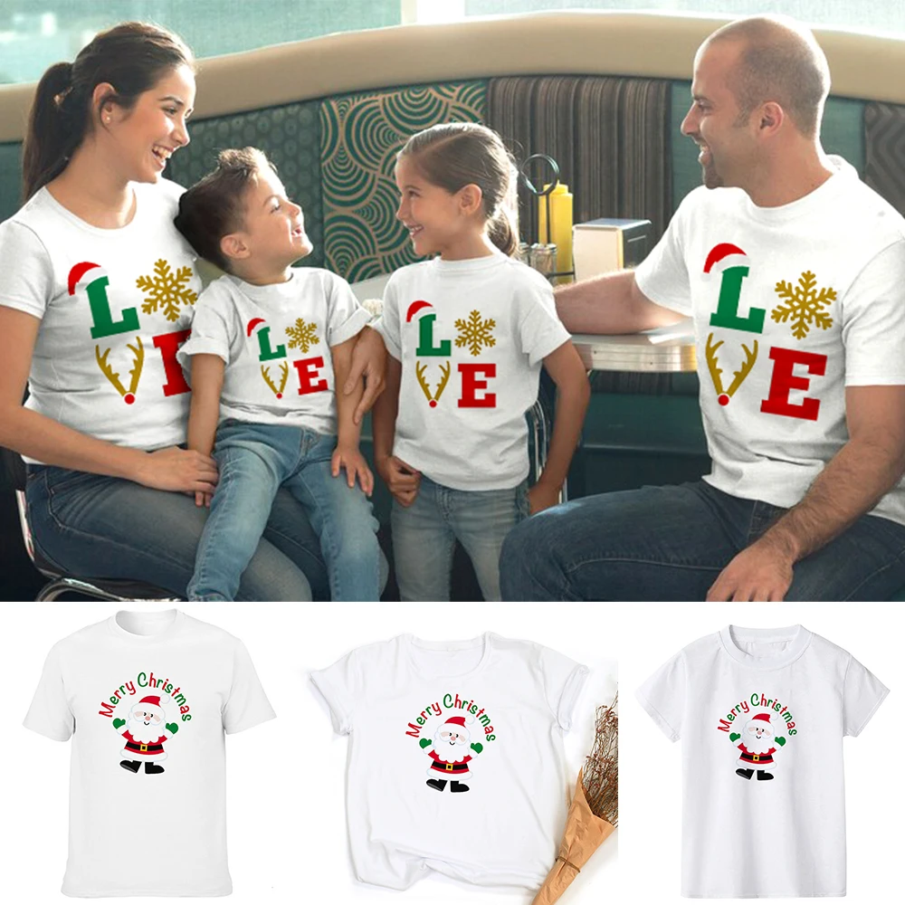 

1pc Love Merry Christmas Family Matching Look Clothes Harajuku Women Fashion Short Sleeve Tops Graphic Flowers Tees Xmas Gifts