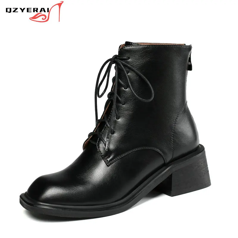 

2021 New Spring/Autumn Women Ankle Martin Boots European Lace-up Female Boots Square Head Thick with Shoes Riding Equestrian