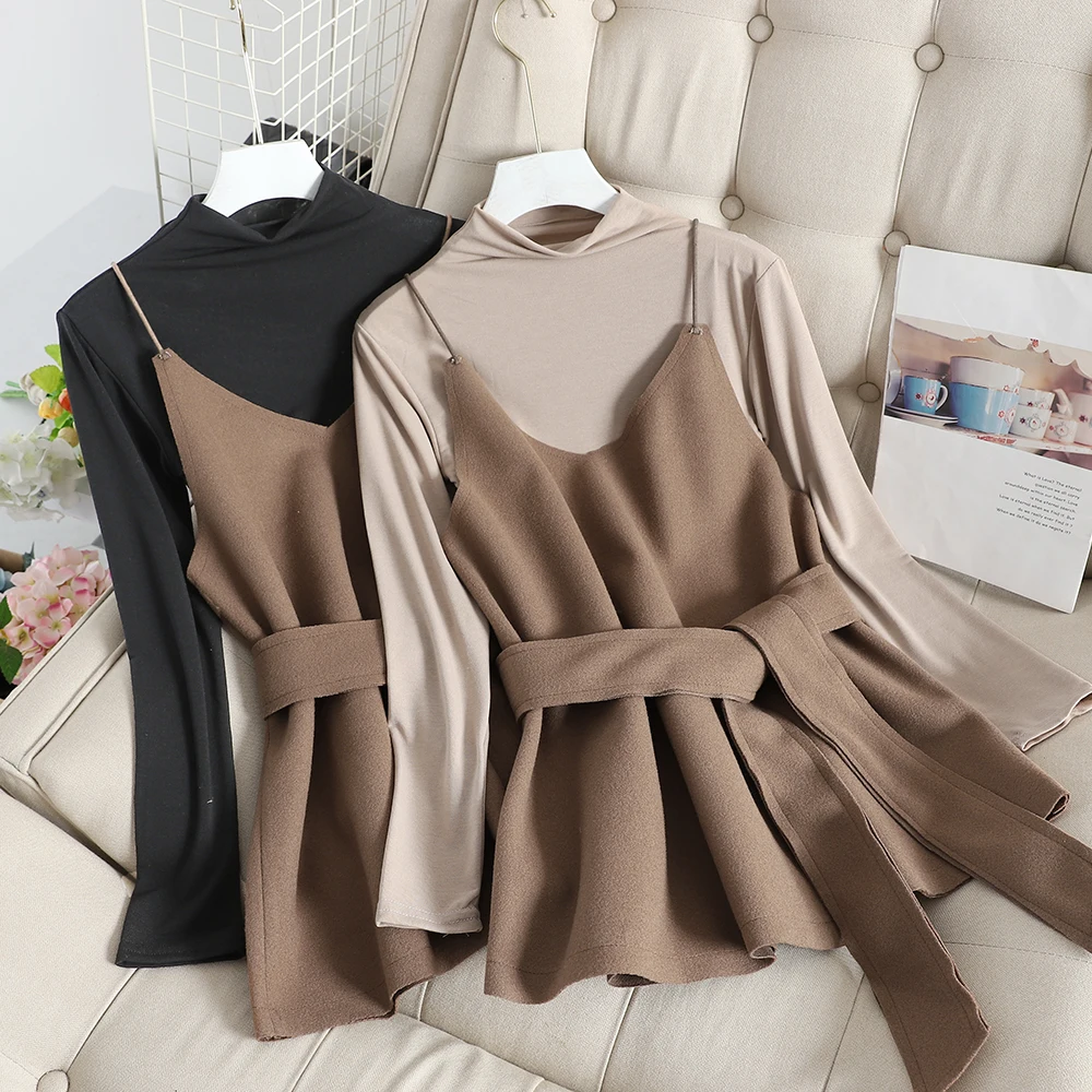 ALPHALMODA/Новинка тонкая футболка с полувысоким воротником + жилет на бретельках