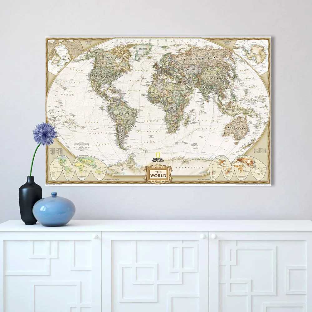 

HD The World Map Poster Senior Art Canvas Decorative Wall Hanging Painting Retro World Geographic Map Mural Wall Sticker Gift