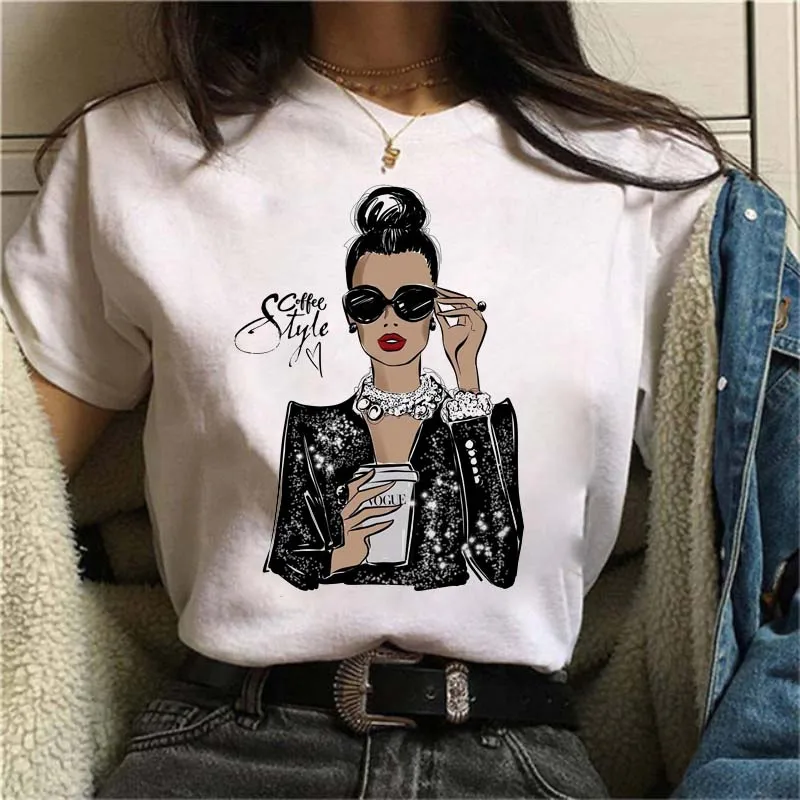 

VOGUE Girls Print Women T Shirt Summer Casual Short Sleeve T-shirt Korean Style Lady White Tshirt Tops O Neck Tee Fashion Shirt