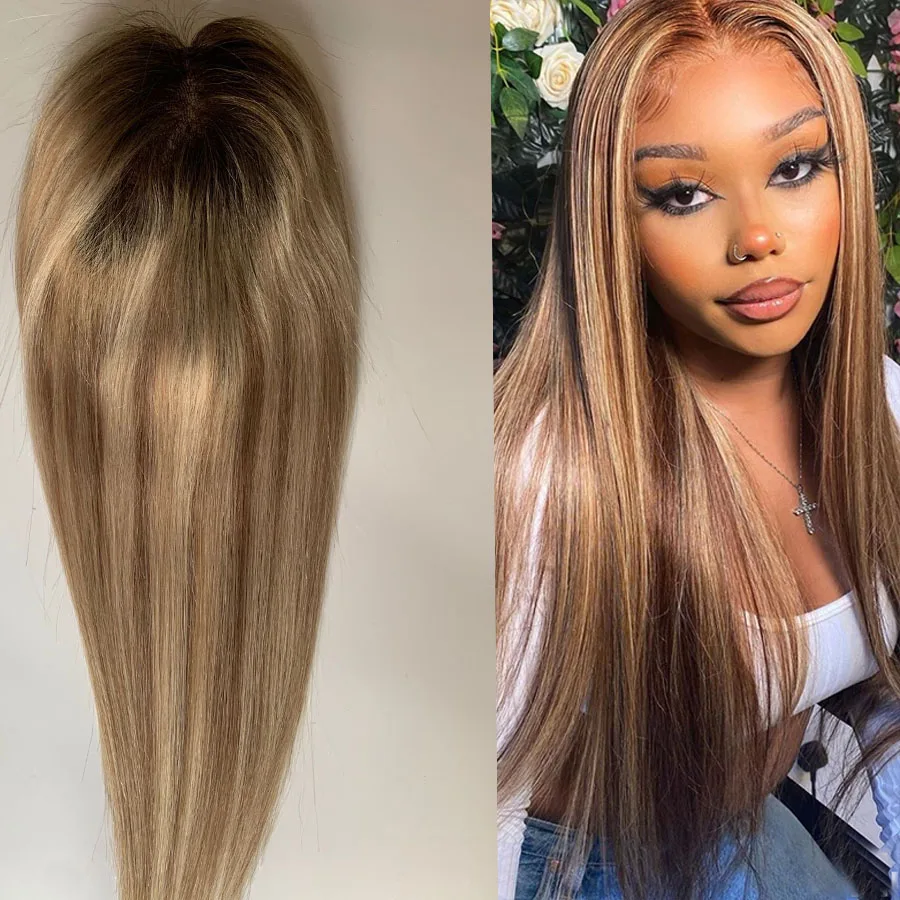 12*15cm Human Hair Mono Base Toppers Full Hand Made For Women Highlight Blonde Color Remy Clip in Hair Extensions Top Hairpiece
