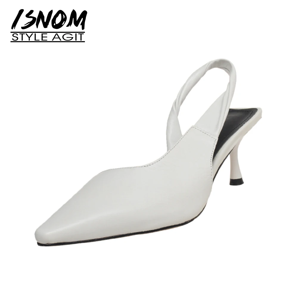 

ISNOM New Women Pure Stiletto High Heels Sandals Genuine Leather Slingback Pointed Toe Lady Concise Cozy Summer Shoes