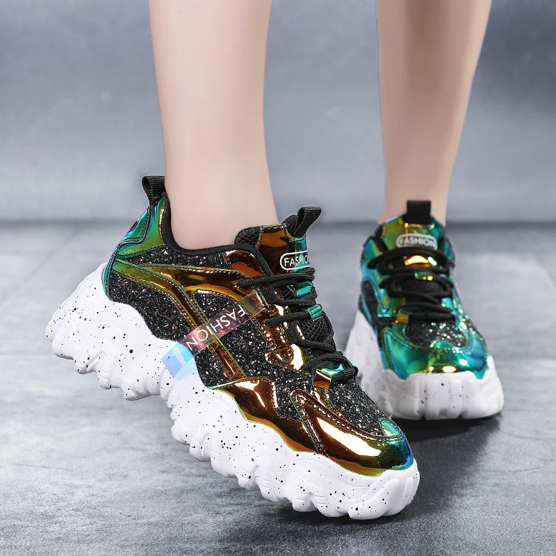 

Women Shoes Fashion Bling Dad Chunky Sneakers Women Luxury Comfortable Thick Sole Ladies Platform Wave Bottom Women Trainers