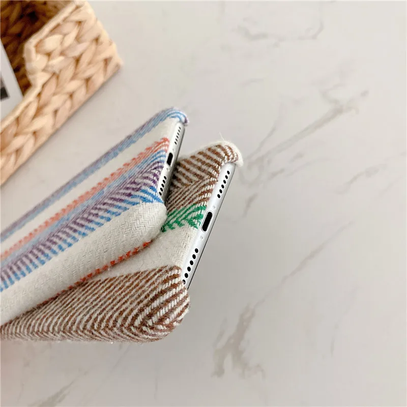 

Luxury Linen cotton fabric Phone Case For 12 11 Pro max 7 8 plus X XR XS Max SE 2020 Retro stripes Soft Back Cover