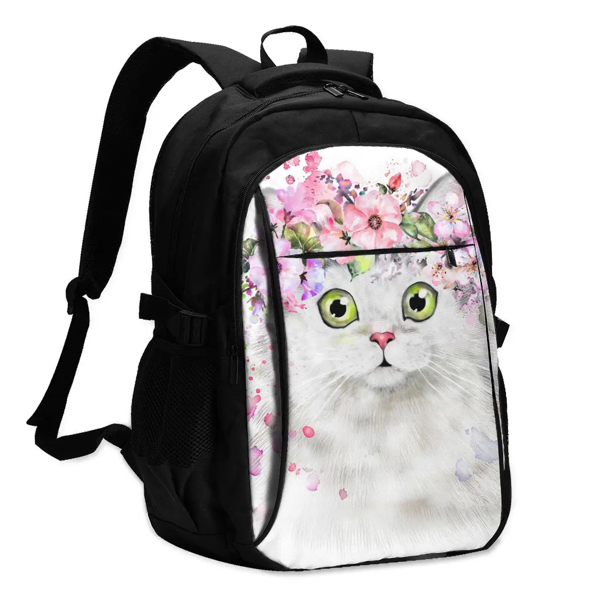 

Рюкзак для ноутбука, школьные ранцы с милым акварельным рисунком кошки с цветочным венком, деловая дорожная сумка с USB-зарядкой, классически...