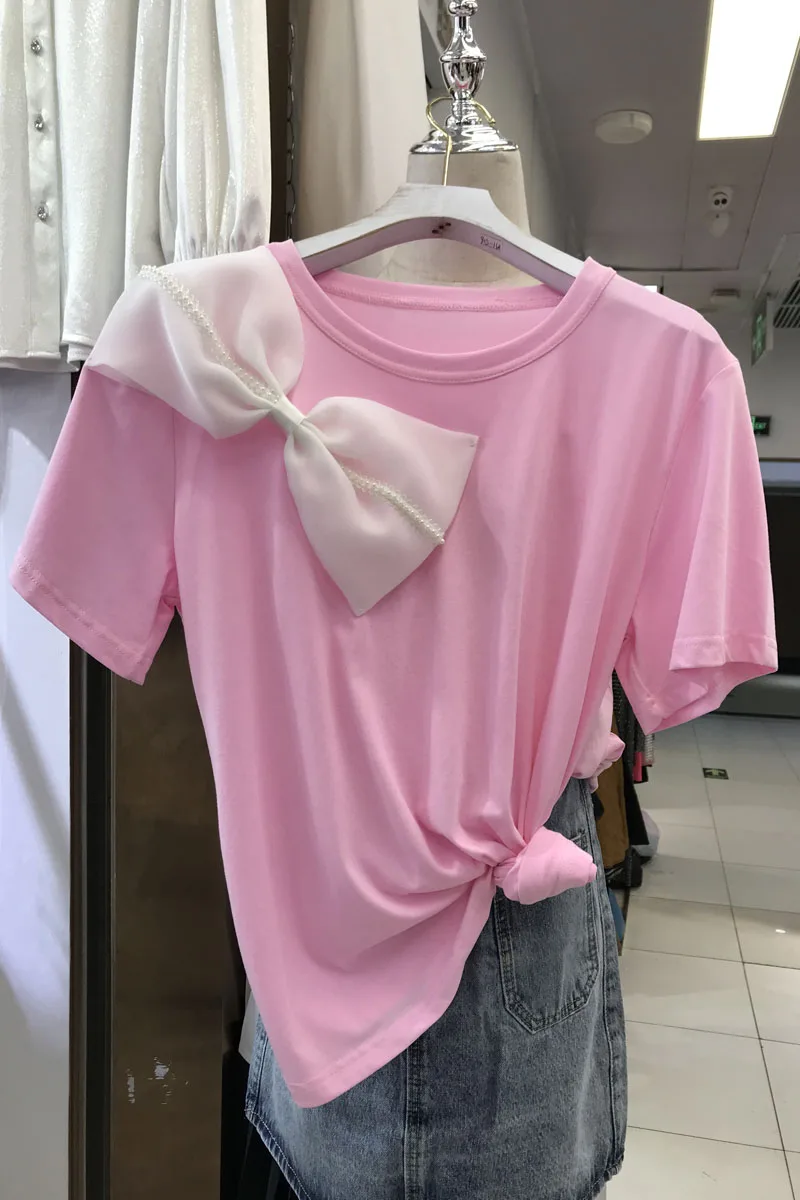 

Bow Beaded T-shirt Women 2021 Summer New Korean Style Loose Slimming Casual Short-Sleeved Tshirt Blusas Mujer Ladies Top Blouse