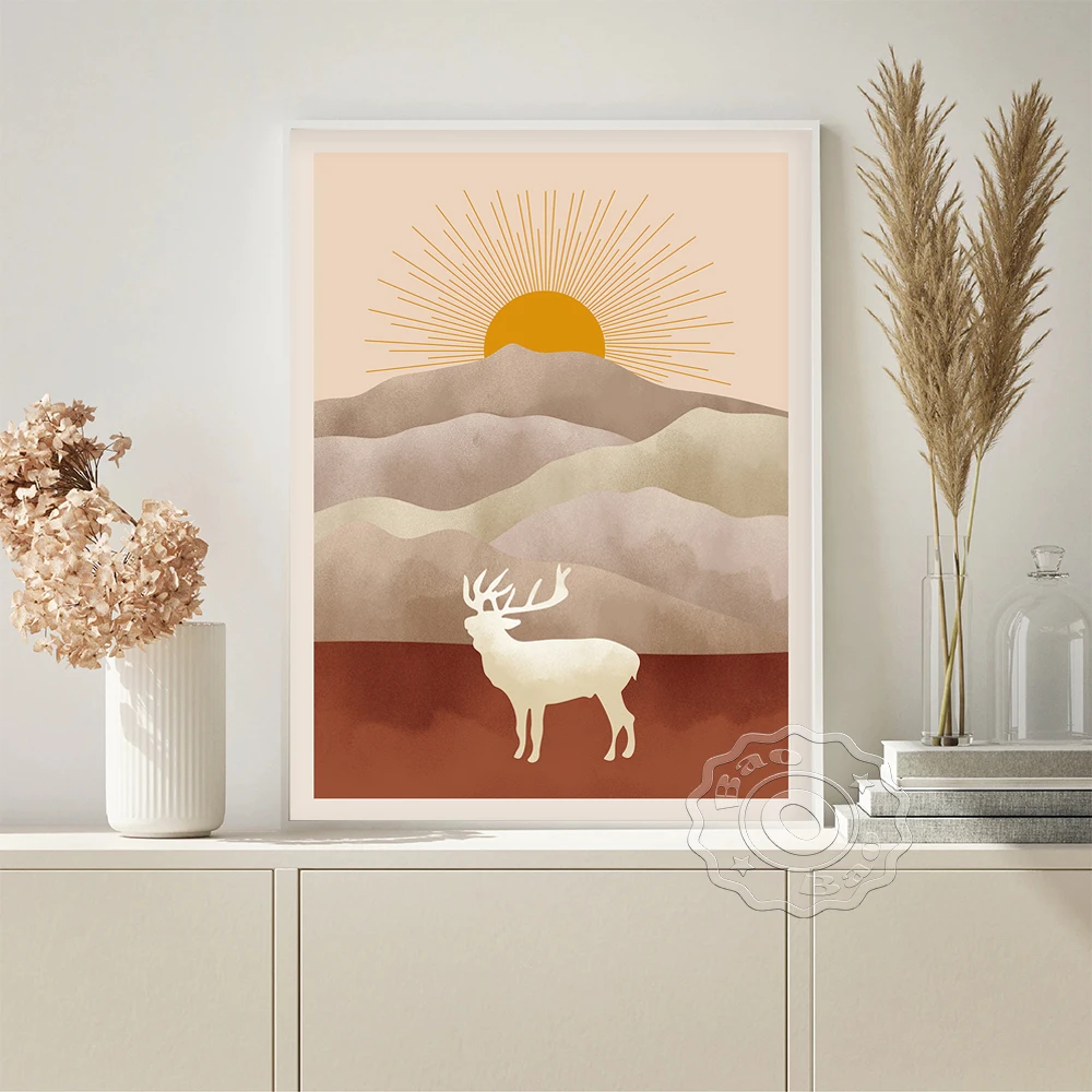 

Scandinavian Wall Art Prints Poster Sunrise Landscape Stickers Deer Illustration Mid Century Modern Bohemia Bedroom Home Decor