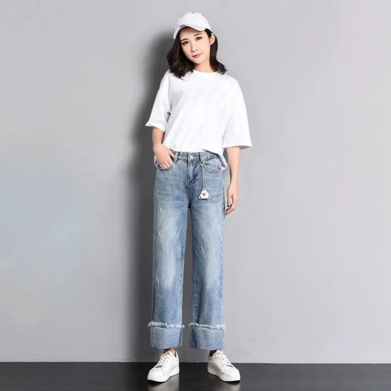 

Casual Nine-point Straight Pants For Women Loose High Waist Thin Wide-leg Jeans Trouser Women Denim Long Pants Streetwear
