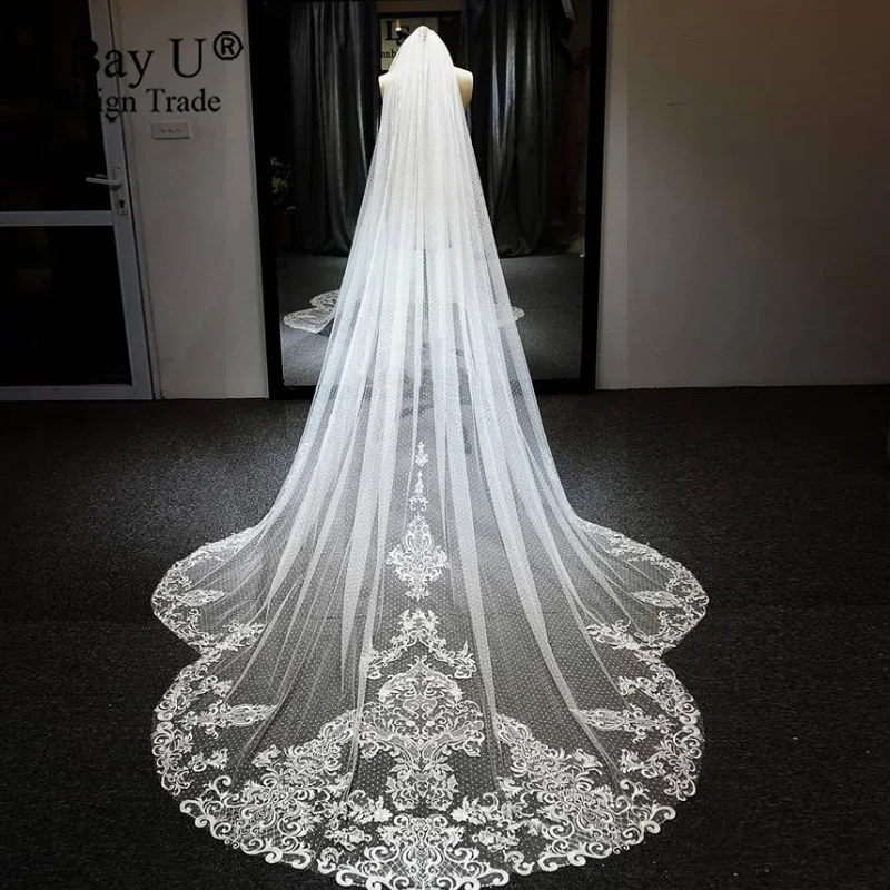 Длинная фатиновая роскошная кружевная вуаль в горошек для невесты белые цвета