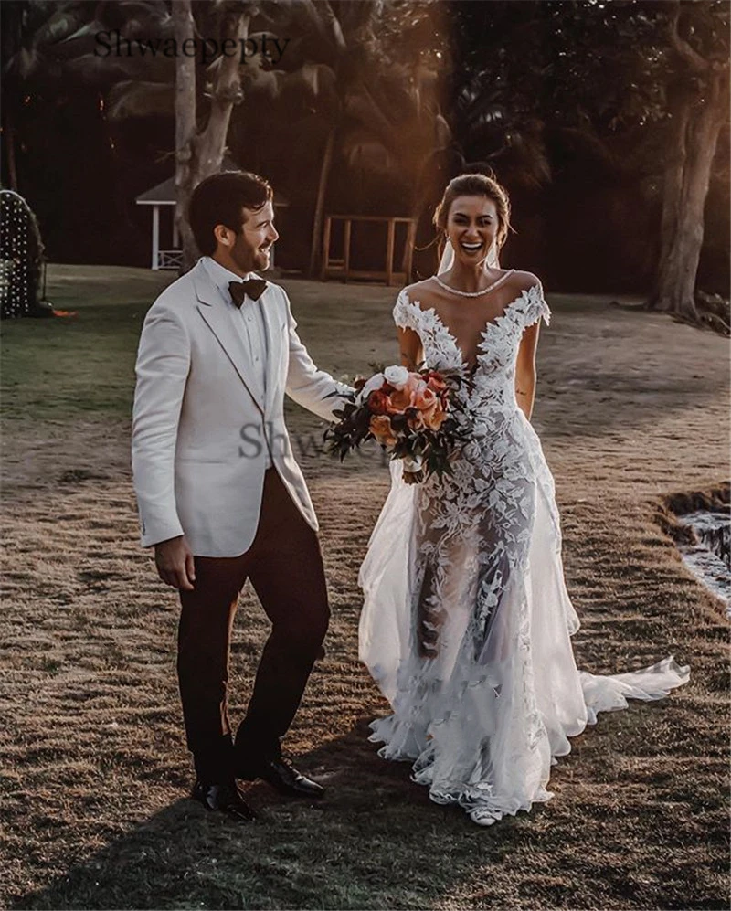 Полный кружевное свадебное платье в стиле кантри с Съемная юбка поезд