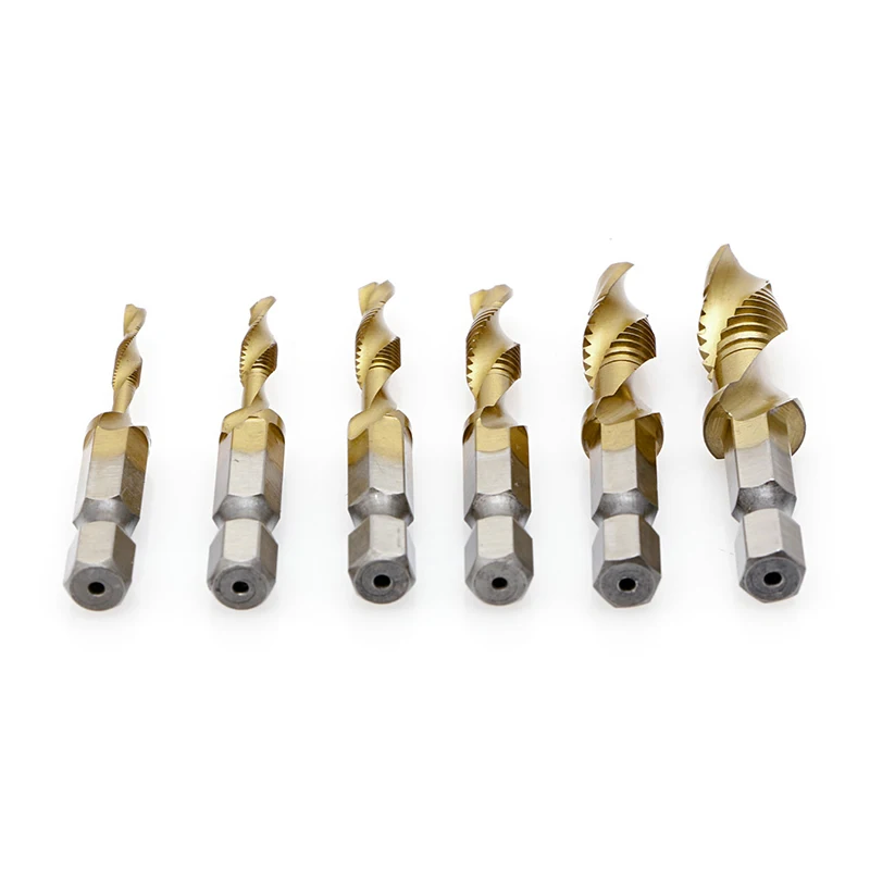 

OOTDTY1 Set 6 x M3-M10 Hex Shank Titanium Plated HSS Hand Screw Thread Metric Tap Drill Bits