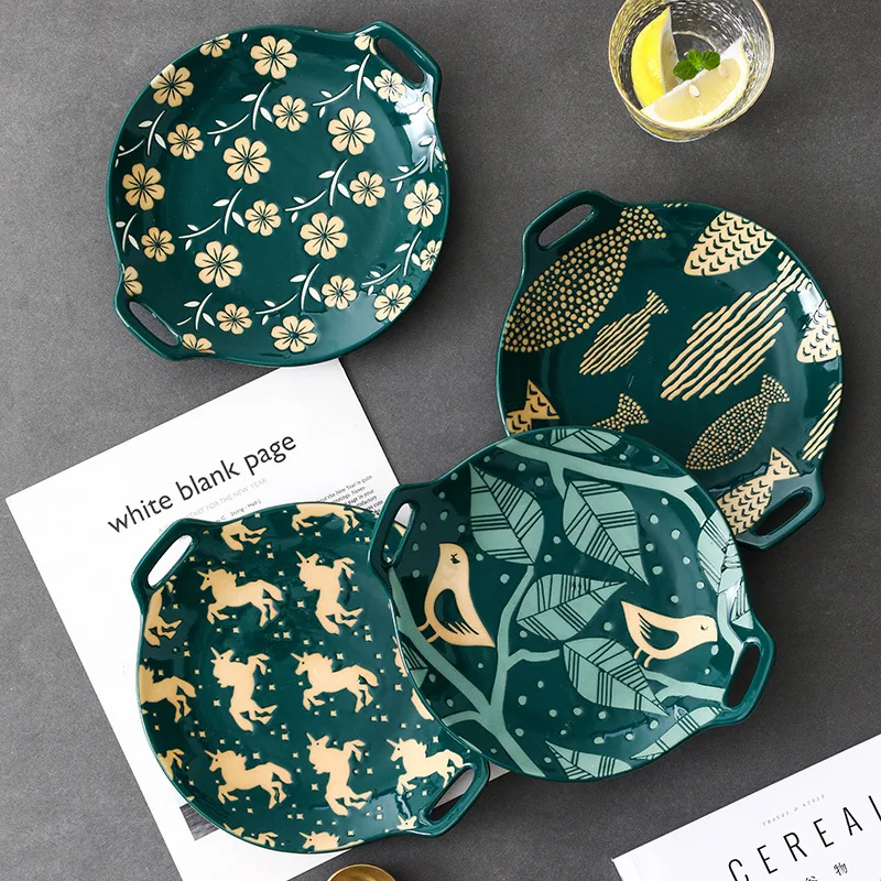 

Japanese double ear plate peacock dark green ceramic underglaze color dish snack dish European simple household double ear dish