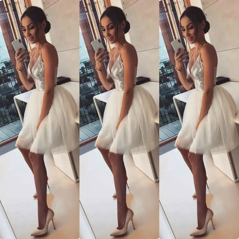 

Womens Sexy Sequin Short Dress Cocktail Party Evening Formal Ball Gown Dresses Tutu Tulle V neck Halter Sleeveless Dress