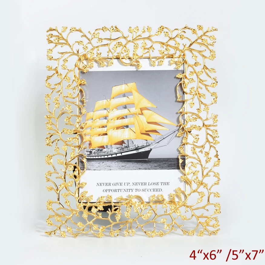 

Elegent Gold Plating Leaves Design Rectangle Shaped Two Ways Metal Photo Frame for 4 by 6 and 5 by 7 Pictures