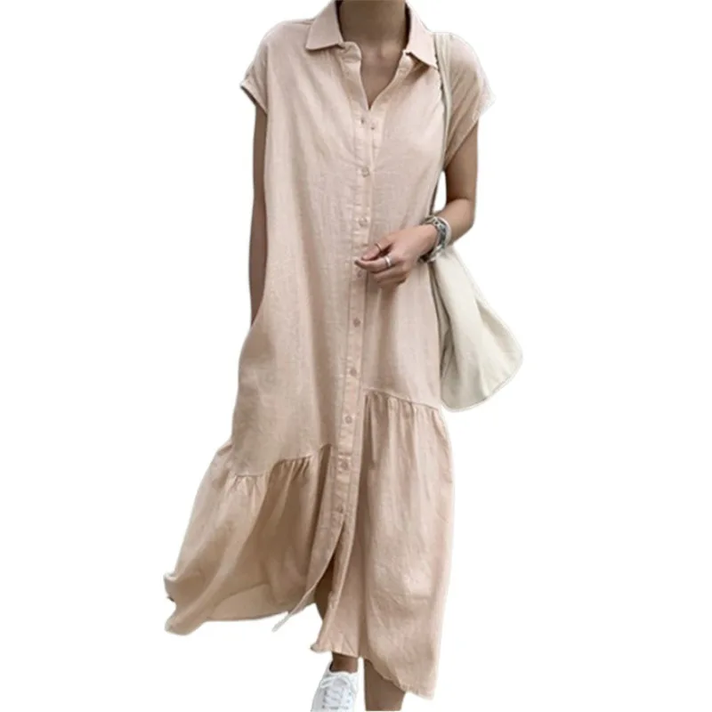 

Plus Size Summer Long Shirt Dress Elegant Women Solid Loose Work Sundress Robe Femme Lapel Neck Short Sleeve Maxi Vestido