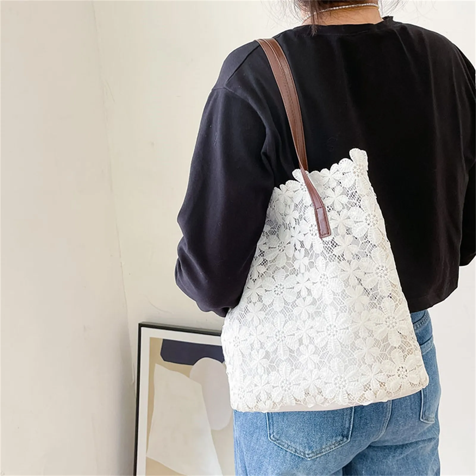 

Lace Shoulder Bag Handbag Ladies Large Capacity Bucket Shopping Bag hollow handbags women small tote shoulder crossbody bags#G30