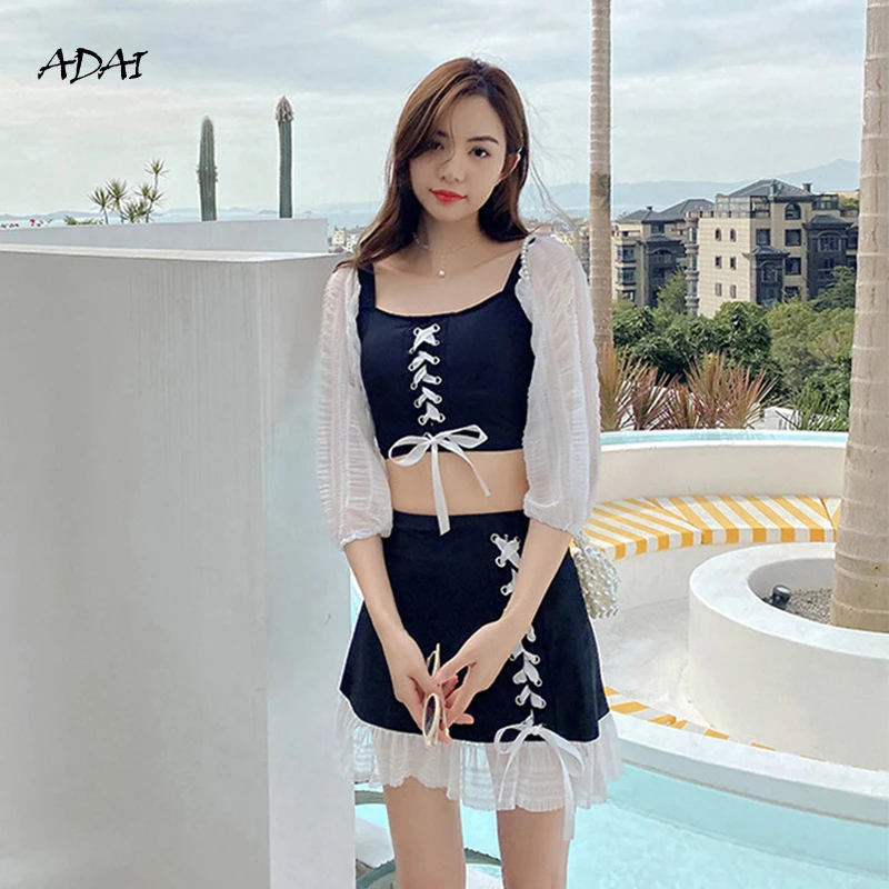 

High Waisted Bikini 2021 Push Up Swimwear Women Swimsuit With Skirt Sleeves Black Two Piece Summer Bathing Suit Swim Beachwear